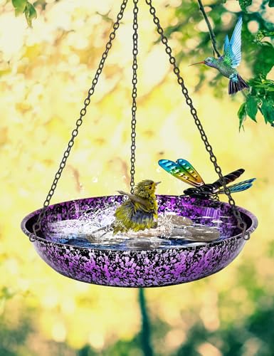Hanging Bird Bath for Outdoor 11 Inch Colorful Purple&Blue Metal Bird Feeder Birdbath Bowl Mounted Rust-Proof Black Chain Metal Dragonfly Yard Art Garden Decor