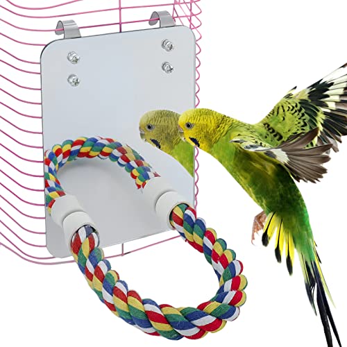 Mygeromon Bird Mirror for Cage with Parrot Rope Perches | for Parakeet, Budgerigar, Lovebird