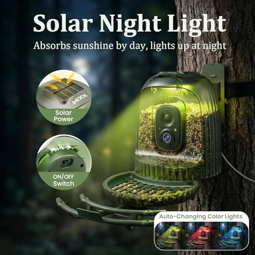 HIXX x COOLFLY Bird Feeder with Camera Solar Powered, Free AI Bird ID | 2.5K UHD, Auto Capture Recording Videos, Instant Alerts, Solar Night Light, Seed Guard Tray, Wall/Tree Mount/Freestanding - color: MultiColorLight