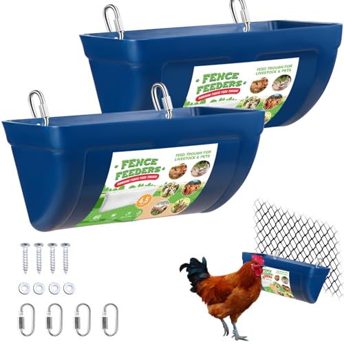 Chicken Feeder Waterer, Hanging Fence Feeders, Poultry Feed Trough Bucket with Clips for Goat Duck Sheeple Piglets Horse 2 Pack (Blue)