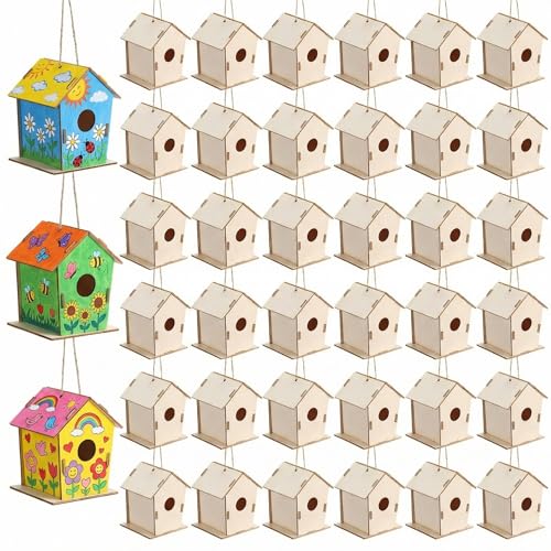 DoubleFill 12 Pcs 4.33" Wooden Bird Houses Crafts Kit for Kids DIY Unfinished Hanging Birdhouse for Art Painting Wood Toys Boy Girl Class Back to School Classroom Project Parties Creative Activity