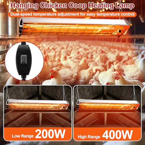 400w Large Hanging Chicken Coop Heater Lamp Carbon Fiber Chicks Brooder Heater 5pcs Chick Feeder and Waterer Kit with Wooden Perch for Poultry Chicks Ducks Quail Pigeons Birds