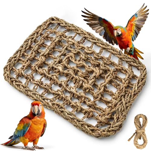MAQIHAN Seagrass Mat for Birds - Bird Toys Seagrass 11.8x7.8 Inches | Bird Climbing Wall Seagrass Net Hammock Toy for Medium Parakeets Lovebirds Finch Budgerigars Conure Cockatiel with 2pcs twine