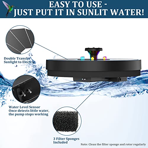 Solar Fountain New, 3.5W Solar Bird Bath Fountains with Glass Panel, 2200 Battery, Hummingbird Water Features with Color LED Lights, 8 Spray Modes & 4 Fixed Pipes for Garden, Pool, Pond - color: Blue