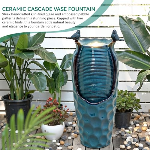 Autodaya 33" Vase Ceramic Outdoor Water Fountain with Lights and Birds | teal blue glazed water feature with textured design, ambient soothing cascading water flow for garden patio yard sanctuary - color: 33"h-birds Jar Turquoise Glaze