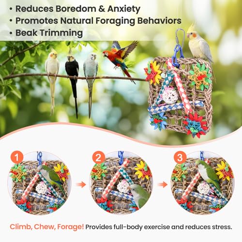 Cockatiel Toys for Medium Birds. Extra Large Natural Seagrass Shred Mat | 7.8'' Parrots Seagrass Mat for Parakeets,Budgies,Caiques, Quakers ,Conures|Rattan Balls & Wood Finger Traps|Chew & Forage