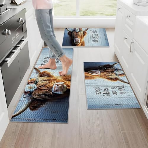Farmhouse Kitchen Rugs Set of 3, Non Slip Washable Durable Stain Resistant Floor Mat Set,Highland Cow Floral Fence Retro Wood Pattern Kitchen Runner Rug 16"X24"+20"X32"+20"X47" - color: Grayish White-highland Cow