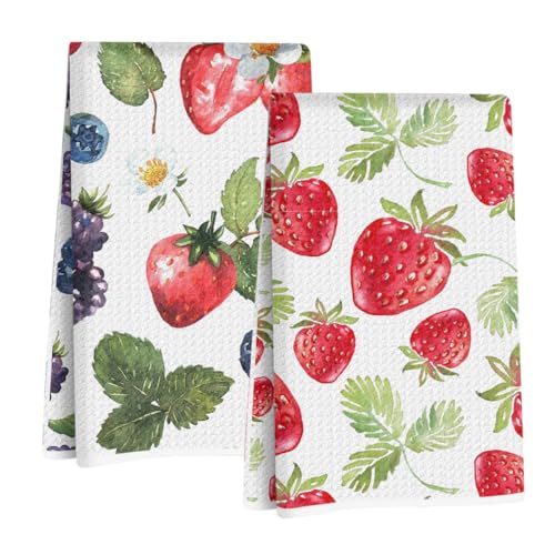 2 Pcs Strawberry Kitchen Towels, Summer Fruits Seamless Pattern Hand Towels | Strawberry Gifts for Women Mom Grandma, Absorbent Microfiber Dish Cloth Tea Towel for Kitchen Home Decor 24x14 Inch - color: Multi 1382