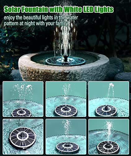 SZMP Solar Fountain Upgraded 100% Glass Panel, 3.5W Floating Solar Powered Water Pump Built-in 2000 Battery with 7 Nozzle & 4 Fixer, Solar Bird Bath Fountains for Garden, Pond, Outdoor - color: White Led Lights