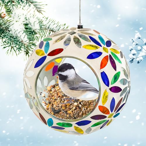 Sunnydaze Mosaic Glass Bird Feeder, Fly-Through, Rainbow Daisies | 6" Small Unique Hanging Bird Feeder for Outdoors, Drainage Hole, Weather-Resistant, Birdfeeder for Cardinals, Jays, & Finches - color: Rainbow Daisies Mosaic