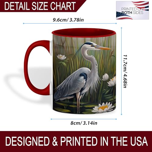 Great Blue Heron Art Coffee Mug, Wildlife Bird Lover Mug, Marsh Scene with Water Lilies & Reeds, Nature-Inspired Drinkware for Outdoor Enthusiasts, Ceramic Cup with Red Handle - Spring & Summer(Heron) - color: Blue Heron