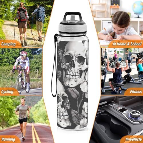 White Skull 32 oz Water Bottle - Clear Tritan, BPA-Free, LeakProof with Carry Strap for Sports, Gym & Outdoor Activities - color: C109