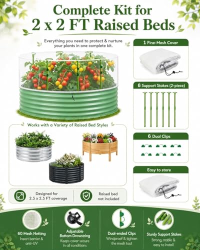 Garden Netting Kit for Raised Beds, 2.3 x 2.3 FT Fine Mesh Plant Cover with Support Stakes & 8 Clips, Wind-Resistant Insect Bird Barrier for Seedlings, Vegetables, Fruits & Patio Planters - size: 2.3×2.3 FT-Round Shape