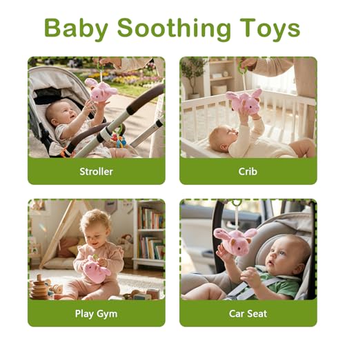 Baby Hanging Flying Bird Musical Toys for Stroller Car Seat Crib Play Gym | Ages 0-36 Months, Tummy Time, Sensory Music Toys, Plush with Clamp, Boys and Girls, Flapping Wings Bee/Birds Toy - color: Pink Pig