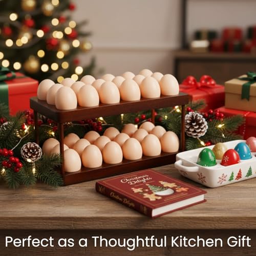 Acacia Wooden Egg Holder with Double Layers, Detachable Wooden Egg Tray Holds 36 Fresh Eggs, Countertop Storage Rack for Gathering Fresh & Easter Eggs, Rustic Decor