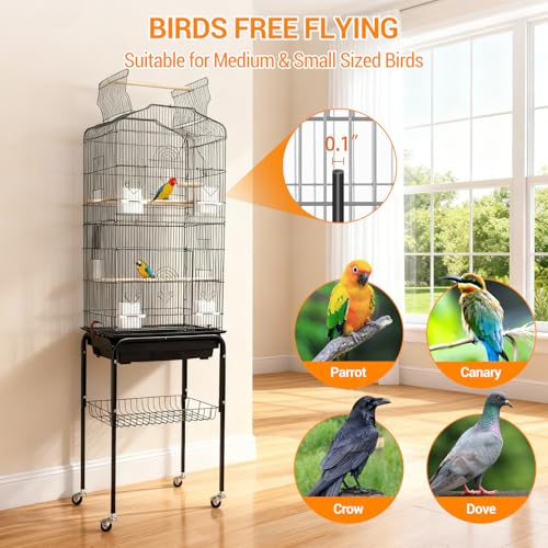 64'' Large Metal Bird Flight Cage with Open Top, Detachable Rolling Stand & Storage Shelf for Parrots, Conures, Lovebirds, Cockatiels, Parakeets, Black