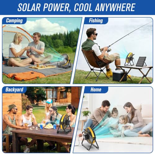 10 Inch Solar Powered Outdoor Fan with 10W Detachable Solar Panel | Built-in Rechargeable Battery, Dual Wind Speed & 360° Adjustable Tilt for Camping, Travel Tent, Greenhouse - color: 10" Yellow Black