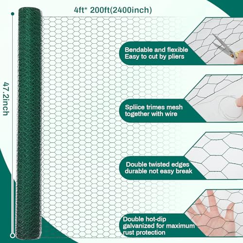 GlikCeil 48 in X 200 ft Chicken Wire Fencing Metal Floral Chicken Wire Mesh for Crafts Poultry Garden, 1 Inch Hexagonal Galvanized Hardware Cloth Netting for Poultry Coop Barrier Rabbit Cage(Green) - color: Green, size: 48 in X 200 ft