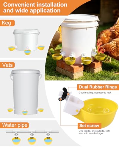 Chicken Waterer Cups (8 Pack) with 3/8" Drill Bit - Yellow | Automatic Poultry Drinker Feeder Kit for Chickens, Ducks, Turkeys, Quail, Bunnies | DIY Gravity Fed Bucket Water Dispenser - color: Yellow, size: 8 Pack + Drill bit