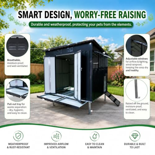 KEIKI Outdoor Galvanized Metal Chicken Coop Raised Base Pull Out Tray Grey | Outdoor galvanized chicken coop with raised base and pull out trays. Weatherproof poultry cage for backyard hen duck housing.