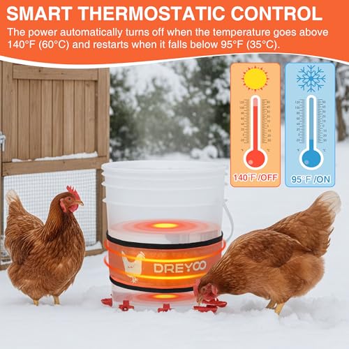 Dreyoo Thermo Bucket Belt with Insulated Wrap, Fits 2-5 Gallon Chicken Waterer, Auto-Thermostatic Chicken Waterer Heater with 5.9ft Power Cord, Energy-Efficient & Durable, Safe to -10°F