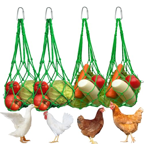 Chicken Vegetable Fruit Hanging Feeder 4Pcs, Reusable String Bag with Hook for Chicken Coop Toys, Poultry Feeding Tool for Hens,Duck,Goose(Green) - color: Green
