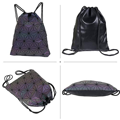 Van Caro Unisex PU Leather Holographic Geometric Drawstring Backpack Gym Travel String Bag, Black - color: Black