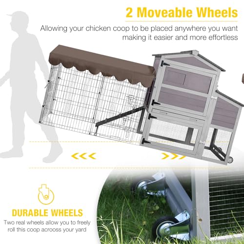80.5’’ Outdoor Chicken Coop, Mobile Chicken Tractor with Wheels, Large Poultry Hen Cage with Nesting Box, Waterproof Roof and Sliding Out Tray, Wooden Chicken House for 2-4 Chickens - color: Grey, size: 79.1"L x 25.2"W x 43.6"H