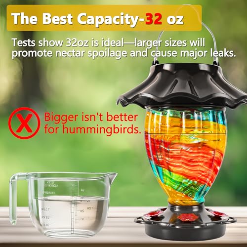 LUJII Solar Hummingbird Feeder for Outside, Color Changing, Hand Blown Glass, 32 fl.oz Never Leak, Waterproof & Rustproof, Lighted Lantern for Patio Decor, Unique Gift for Bird Lover (Ribbon) - color: Ribbon