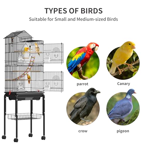 YITAHOME 62 inch Metal Bird Cage, Large Parakeet Cages | Bird Cage for Parrot, Cockatiel, Lovebird, Pigeon with Roof Top, Rolling Stand and Hanging Accessories - color: Black