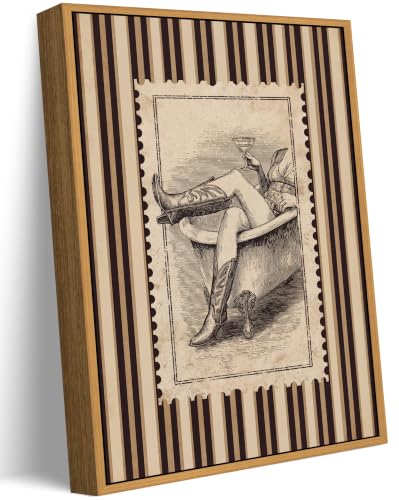 Floating Framed Cowboy Bathroom Canvas Wall Art, Funny Martini Cowgirl in Bathtub Painting Picture Wall Decor, Vintage Striped Postage Stamp Poster Print Artwork for Toilet, Home Decoration 12x16in - color: cowgirl, size: 16"L x 12"W