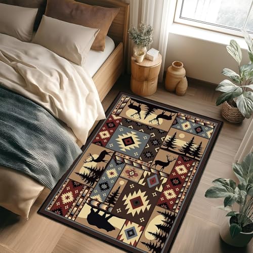 Rustic Rug for Bedroom,Cabin Wildlife Area Rug 3x5 Throw Carpet,Buffalo Plaid Bear Moose Deer Country,Ultra-Thin Washable Kitchen Rugs Indoor Entryway Rug Non Slip Floor Carpets for Living Room,Office - size: 3'x5'