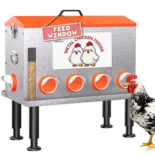 16-Gal Metal Automatic Chicken Feeder with No-Waste Feeding Tray | 88LB Capacity, 8 Feeding Ports, Rust-Proof Alloy Steel, Clear Viewing Window, Height-Adjustable Legs for Chicken Coops - color: Orange, size: 16GAL-88LB