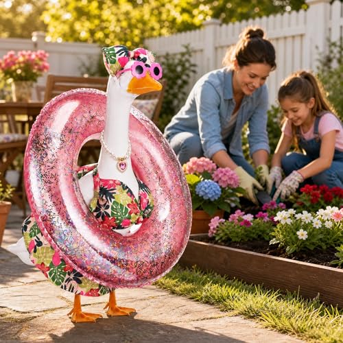 Bikini Porch Goose Outfit with Sunglasses & Swim Ring - Summer Hawaiian Flower Costume for 23" Garden Goose Statue Decor - style: Flower