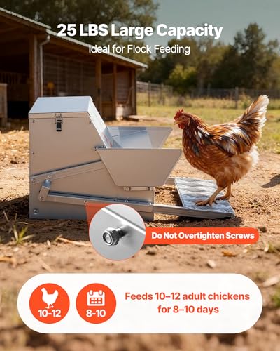 VEVOR Automatic Chicken Feeder, 25 lbs Capacity, Rainproof Treadle Poultry Feeder with Lockable Lid, No Waste, Galvanized Steel Construction, Outdoor Use, for Chicken, Bantams, Poultry, Pheasants