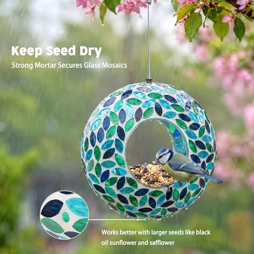 VCUTEKA Mosaic Bird Feeder Fly Through Hanging Birdfeeders for Garden Decor | 10 inch Mosaic Glass Bird Feeeder for Outdoors, Round Shape Glass Container to Attract Wild Birds for Backyard Porch Decor - color: Green-2