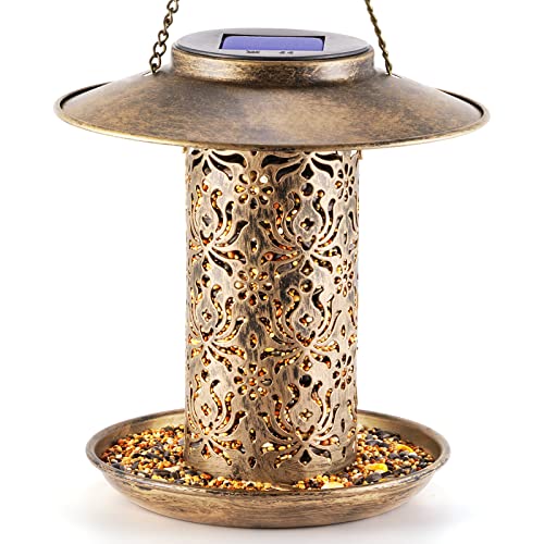 SWEETFULL Solar Bird Feeder for Outdoors Hanging, Metal Wild Bird Feeder for Cardinals Solar Garden Lantern with S Hook as Gift Ideas for Bird Lovers (2LBs Heavy Duty Weather Resistance birdfeeders) - size: 8"x8"