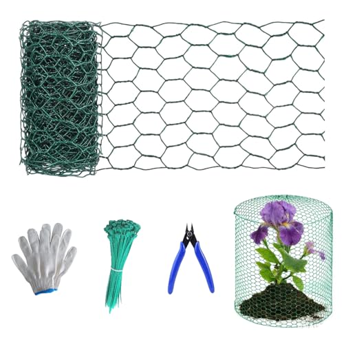 Chicken Poultry Wire Fencing,4inx10ft Vinyl Coated Hardware Cloth Rust-Resistant Hexagonal Mesh Roll with Snips/Gloves for Vegetable/Garden/Pets/Plants/Floral Netting - size: 4inx10ft/4inx118in