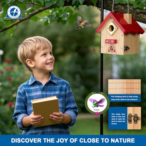 SISTERBIRD Wren Bird House, Premium Wooden Bird Houses for Outside, Classic Cabin Design Birdhouses for Outdoors, Hanging Bird House, Red-Breasted Nuthatch Wren Chickadee - color: Red with Log Color upgrade