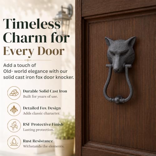 Renovators Supply Manufacturing Door Knockers for Front Door 8.5 in. Black Cast Iron Fox Head Shaped Door Knocker with Mounting Hardware - color: Black Fox head