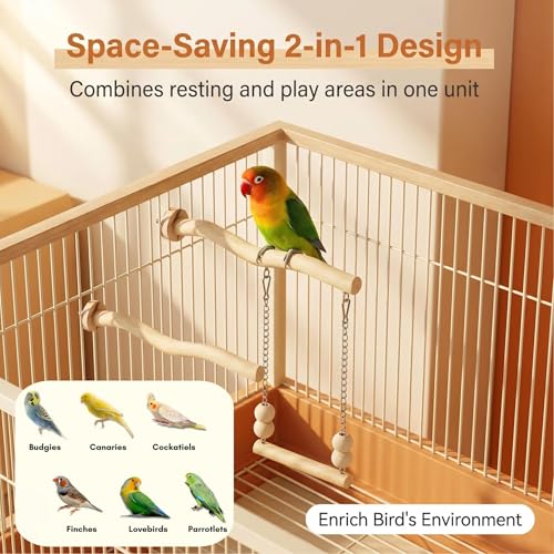 Bird Perch and Swing Set for Small Birds, Natural Wood Cage Accessories | 2-in-1 Integrated Perch with Hanging Swing for Budgies, Parakeets, Cockatiels & Lovebirds, Encourages Climbing & Activity - size: Short
