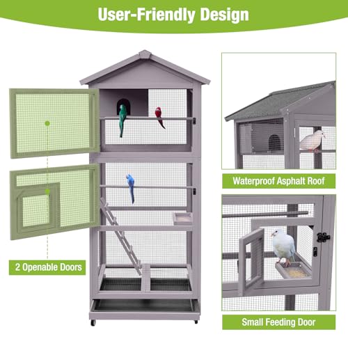 GUTINNEEN Large Bird Cage Outdoor Wooden Aviary Indoor on Wheels, with Play Stand, Perches, Nest Habitat & Wire Mesh Tray for Easy Cleaning