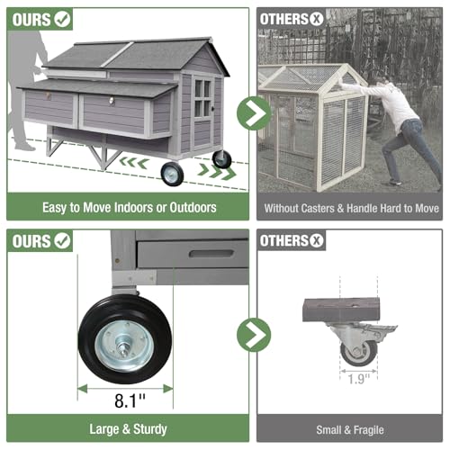 68.1" Extra Large Chicken Coop with Super Large Wheels, Mobile Hen House Poultry Cage with Strong Iron Frame, Outdoor Chicken House with 4 Nesting Boxes, 4 Perches for 6-8 Chickens