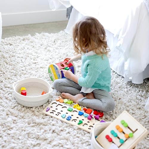 NaturalCozy 5-Piece Round Woven Cotton Rope Storage Baskets for Organizing, Small Shallow Nesting Set for Montessori Toys, Entryway Catchall, Fruit Bowl, Key Tray, Remote Holder, Nursery & Pet Toys - color: Off White & Black Stitching