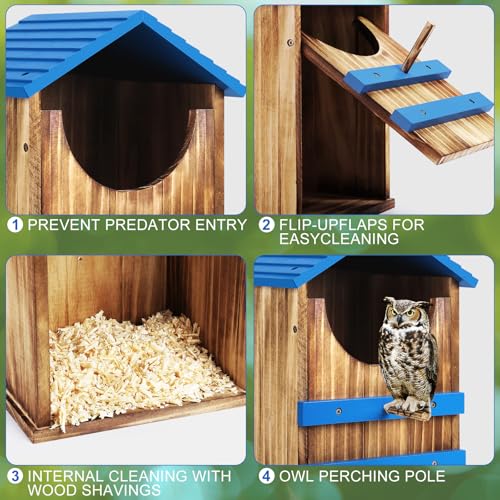 Owl House, Wood Screech Owl House Bird Box with Shavings Owls Boxes for Outside, Owls Nesting Box with Perch Stand & Mounting Kit for Wildlife Habitat Shelter Lovers(Blue) 13.5x7.5x8.7in