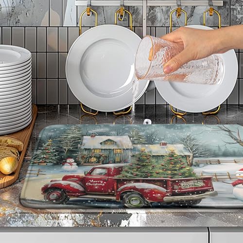 Christmas Red Truck Xmas Tree Snowman Dish Drying Mat for Kitchen Counter 18x24 Inch Winter Snowflake Vintage Absorbent Dish Pad Farmhouse Microfiber Dish Drainer Mats Christmas Kitchen Accessories - color: Christmas Dish Drying Mats-B, size: 18" x 24"