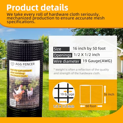 16in x 50ft Black Hardware Cloth 1/2 inch 19Ga PVC Coated Mesh | Vinyl Coated Fence, Welded Metal Chicken Wire Fencing Roll, Garden Plant Fencing, for Chicken Coop and Home Improvement - size: 1/2 inch 16in x 50ft