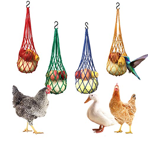 4PCS Chicken Vegetable String Bag, Poultry Fruit Holder Chicken Cabbage Feeder Treat Feeding Tool with Hook for Hens Coop Toy for Hen Goose Duck Large Birds (Red+Yellow+Green+Blue) - color: Red+Yellow+Green+Blue