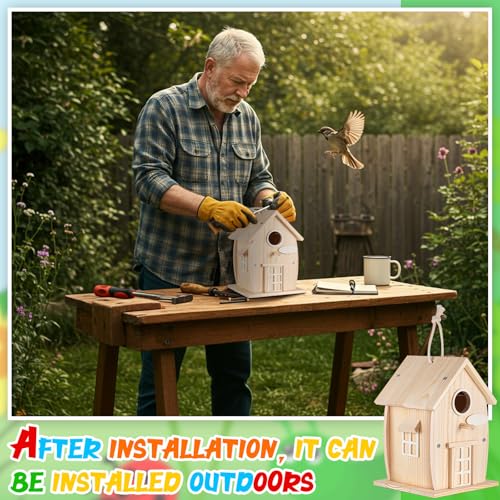Liliful Wooden Bird House Kits, Build It Yourself Woodworking Kit for Adult Kids 4-8, 8-12 with Paint and Paintbrushes, Solid Weather Proof Natural Pine Wood, Pre Drilled(1 Pack,Rural Style) - style: Rural Style