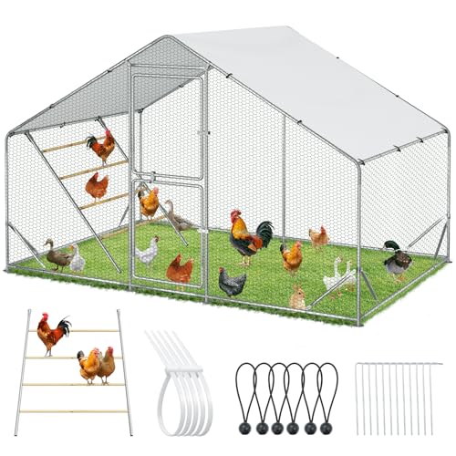Acepic 10x6.5x6.5ft Metal Chicken Coop with Roosting Perches & Door Lock | Walk-in Poultry Cage with Waterproof & UV Resistant PE Top, Predator-Proof Hen Run for Yard, Farm, Chicken, Duck, Rabbit - size: 118.1"L x 78.7"W x 78.7"H